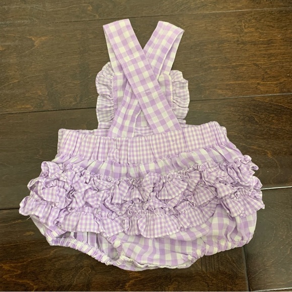 Vintage Baby Ruffle Bottom Romper Purple Gingham Sunsuit Floral Bon Jour - Picture 5 of 14